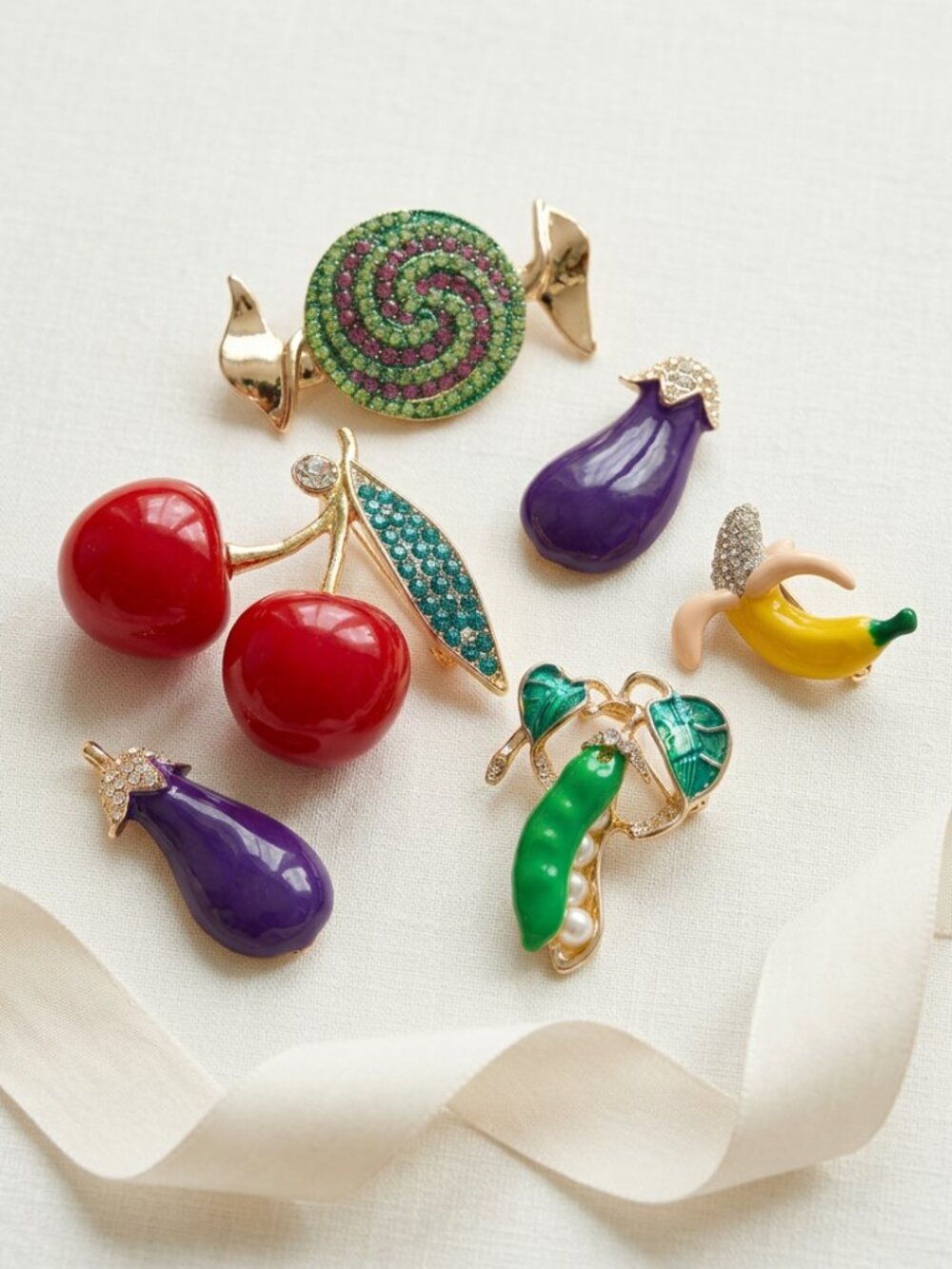 Modern Food Brooch Pin Lot Cherries Eggplant Banana Peas Candy Set of 6